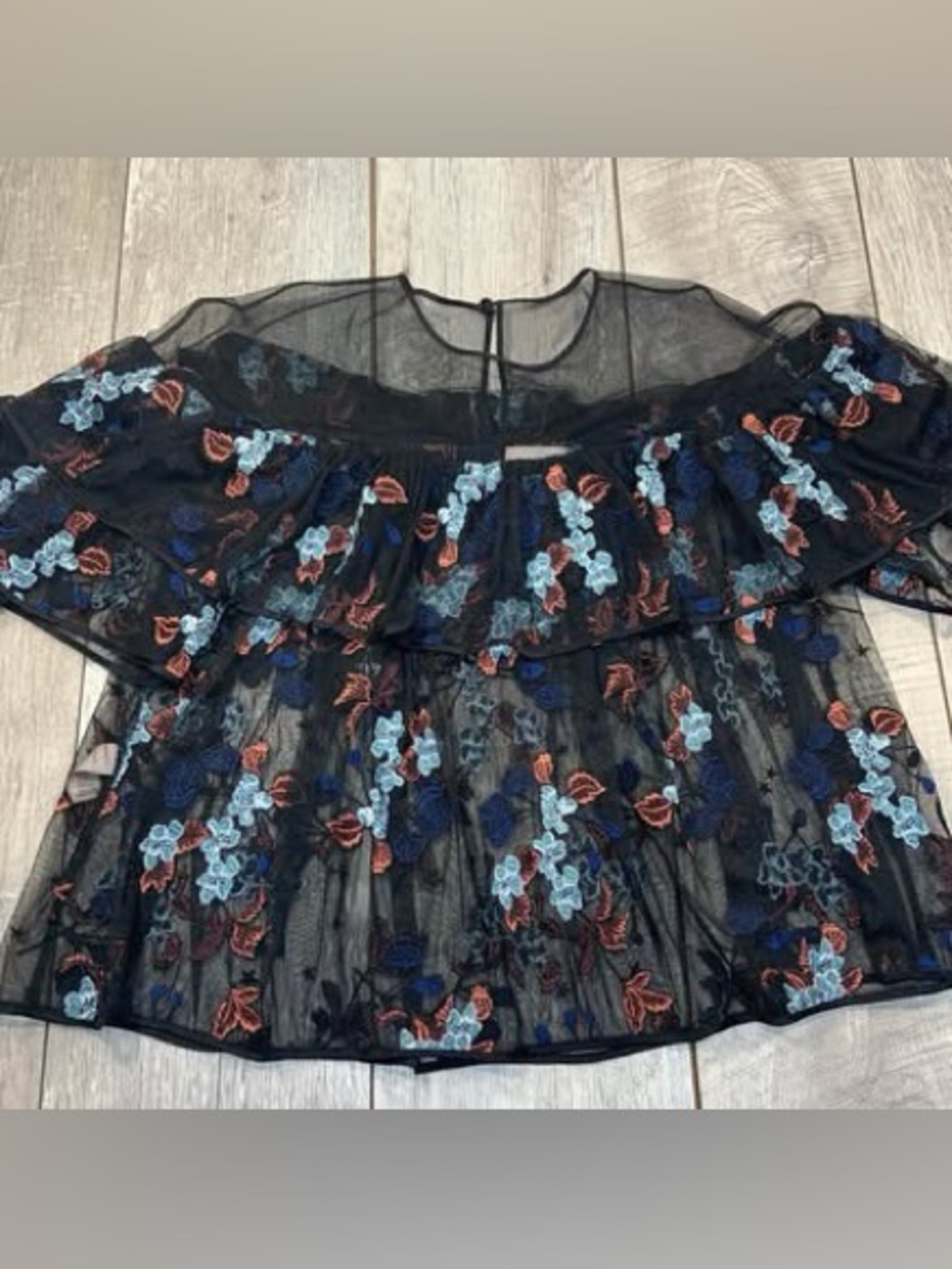Cinq a Sept designer Black Sheer Floral Embroidered Off-Shoulder Ruffle Top